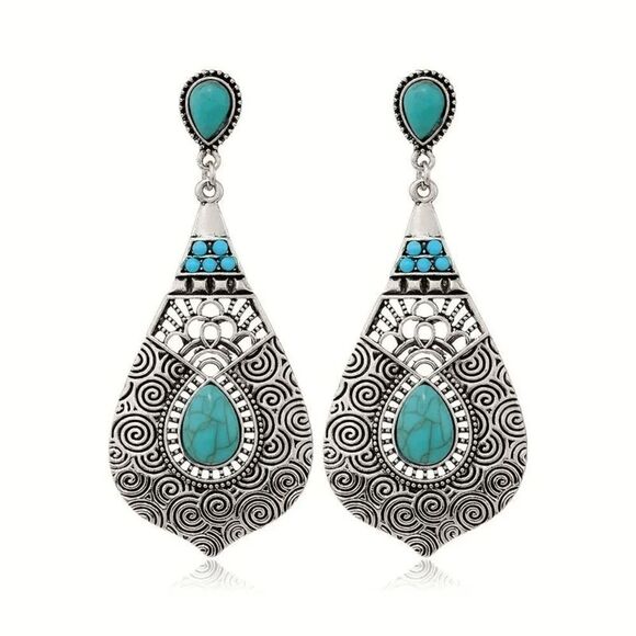 Bohemian Western Teardrop Turquoise Dangle Earrings - Picture 6 of 6
